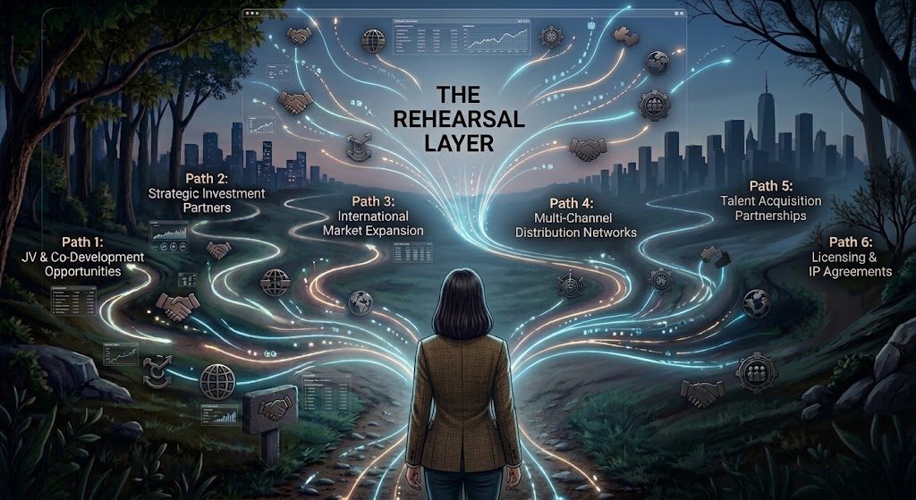 One person at the head of six lit pathways through a dark landscape — each path a simulated route through the same decision